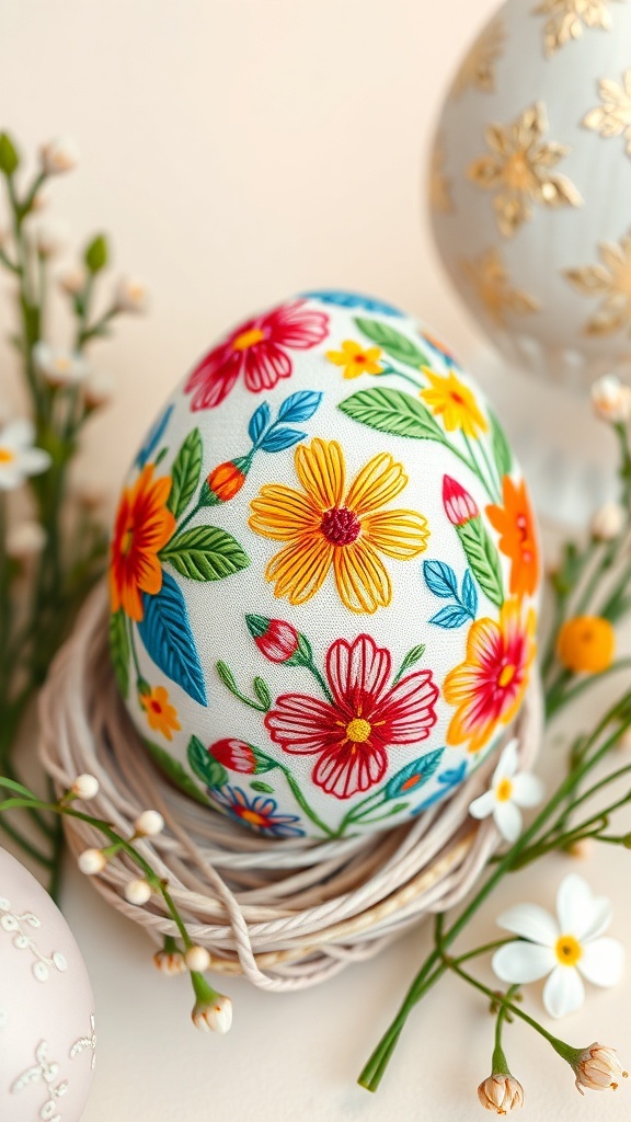 An embroidered egg with floral designs in bright colors on a pastel background with spring flowers.